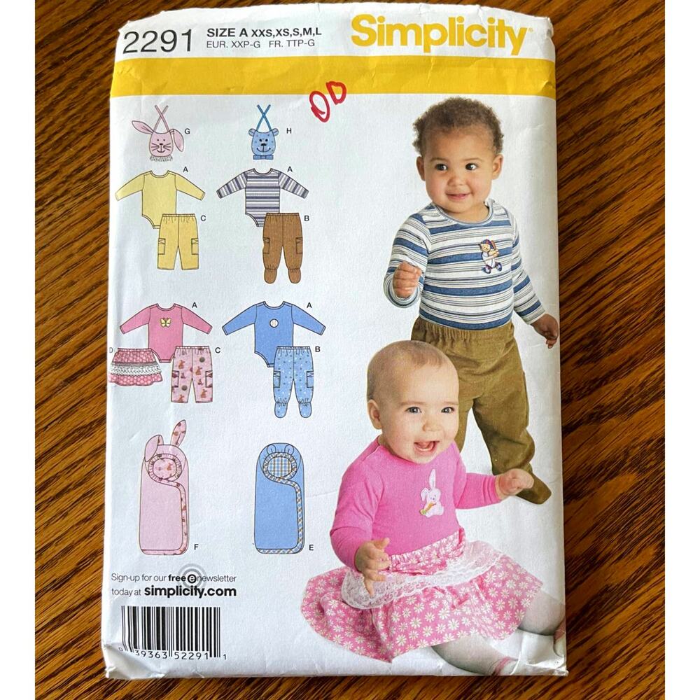 UNCUT 2000s Simplicity 2291 Sewing Pattern Baby Sz XS-XL Pant Bodysuit Skirt Bib